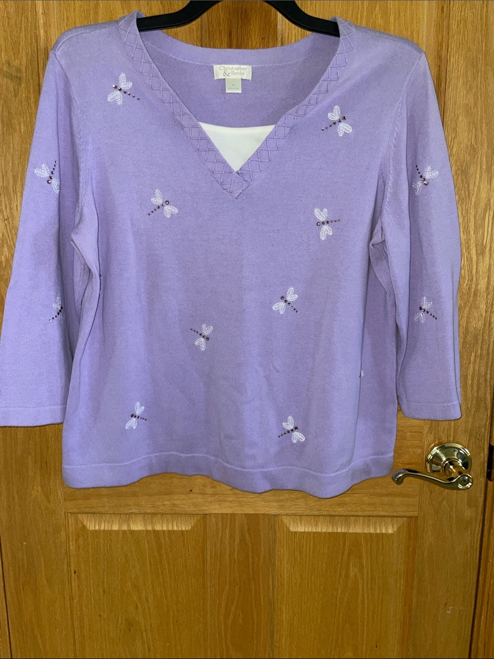 Christopher & Banks Lavender V‑Neck Knit Top w/Dragonfly Jeweled Embellishments